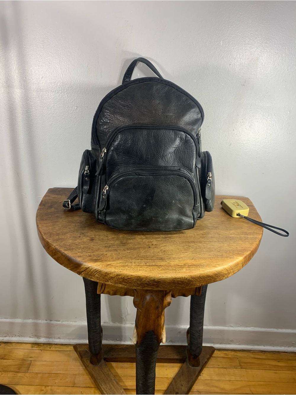 Queros vintage Black leather backpack multi pocket utility travel bag